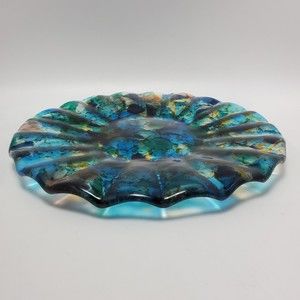 Aqua Art Glass Fused Bubbles Ruffle Edge Resin Glazed Decorative Plate 9.5 Inch